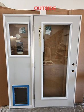 Exterior view of a white door with a window and a pet door, next to a matching sidelight window.