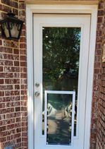 White door with dog door, set into a brick wall. A dog is visible in the dog door.