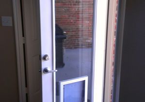White door with a built-in dog door. A brick wall and vehicle are visible through the glass.