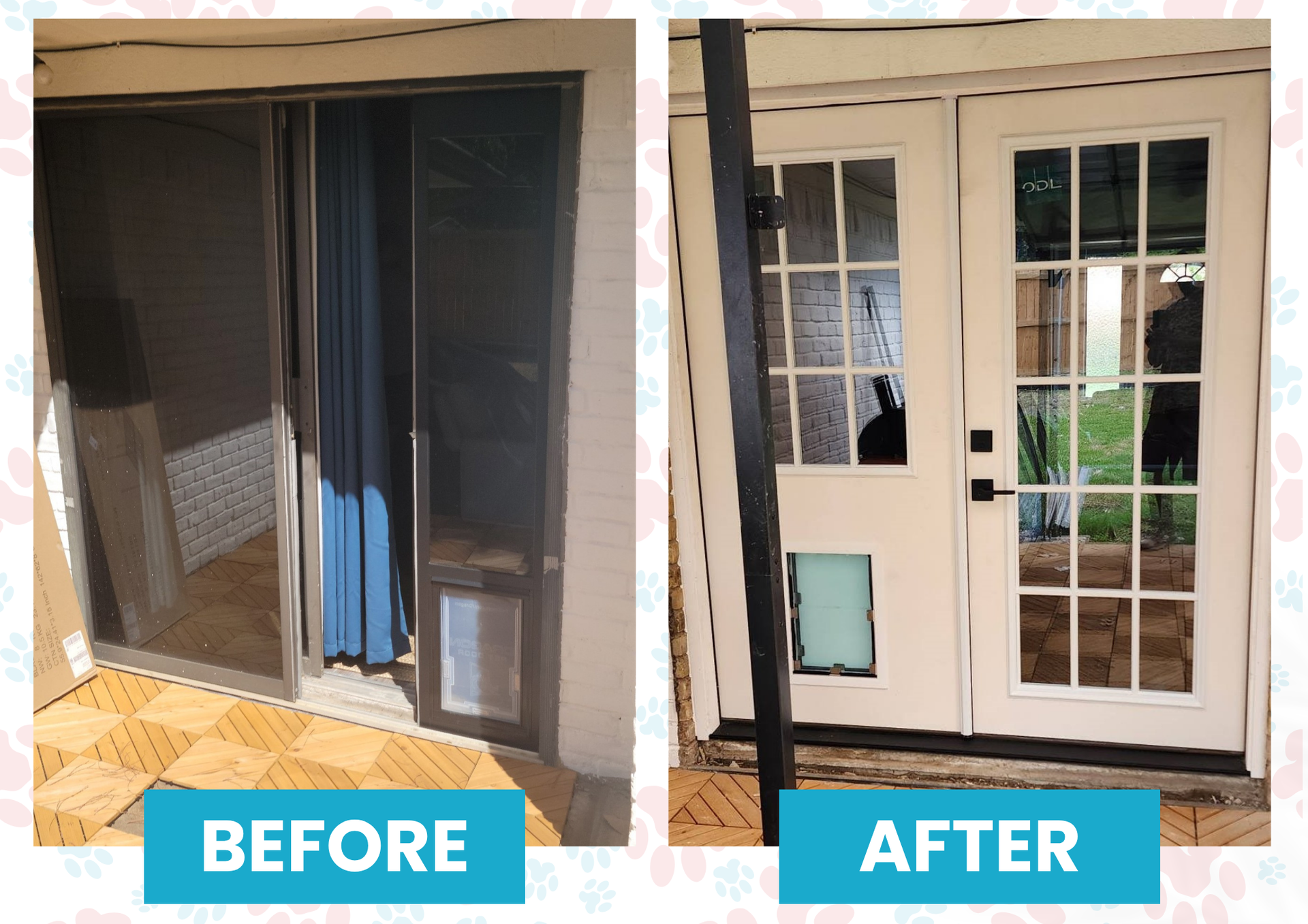 Comparison of a sliding glass door with a pet door (before) and a French door with a pet door (after).