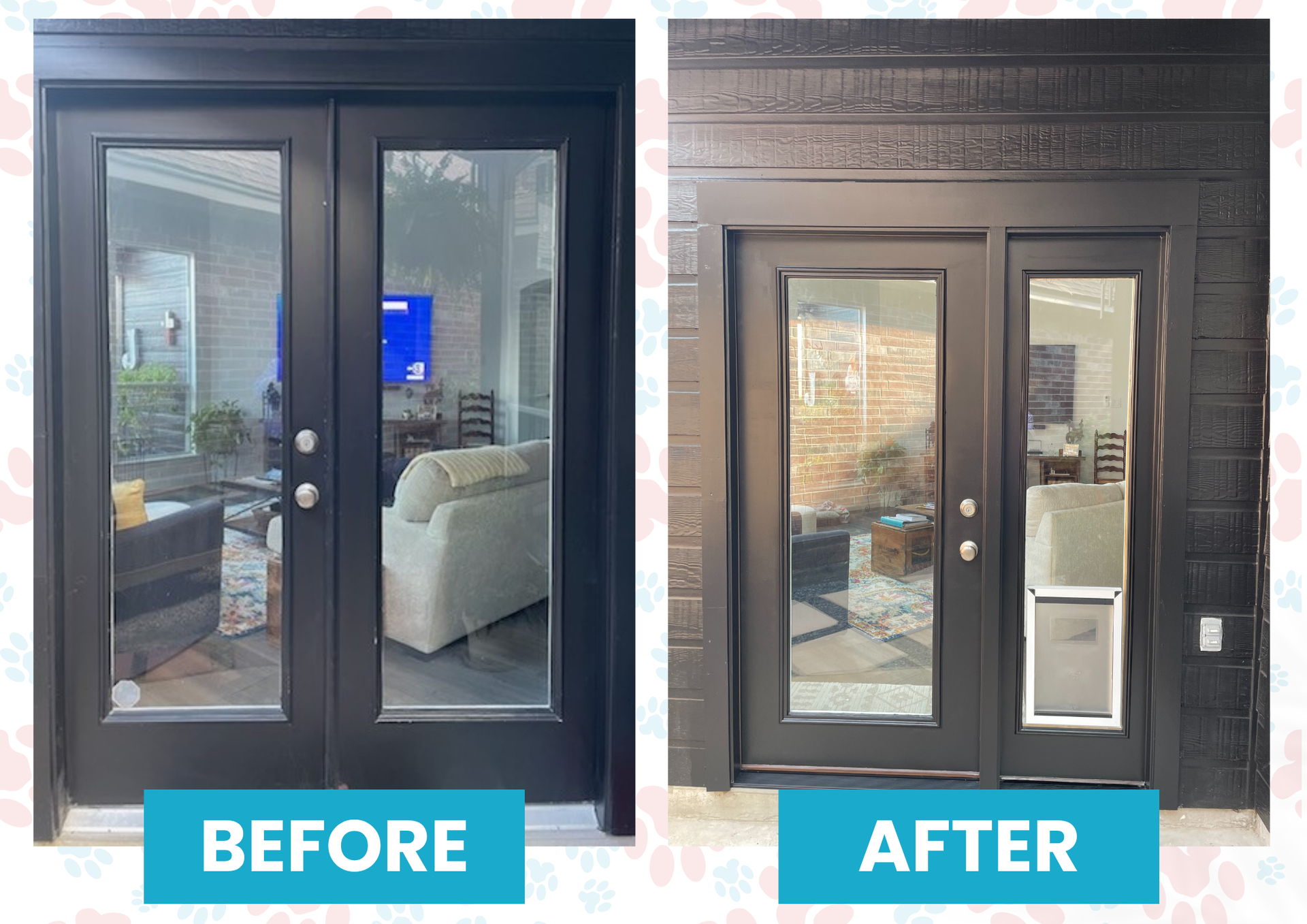 Before-and-after of a black French door. The after door has a pet door installed in one panel.