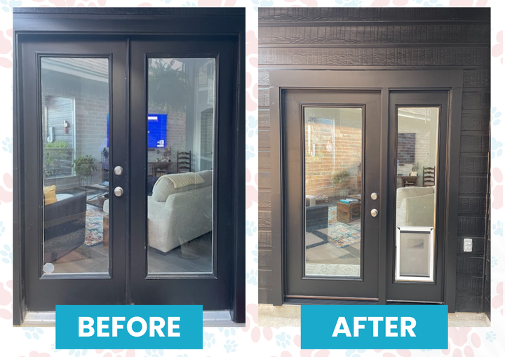 Before-and-after of a black French door. The after door has a pet door installed in one panel.
