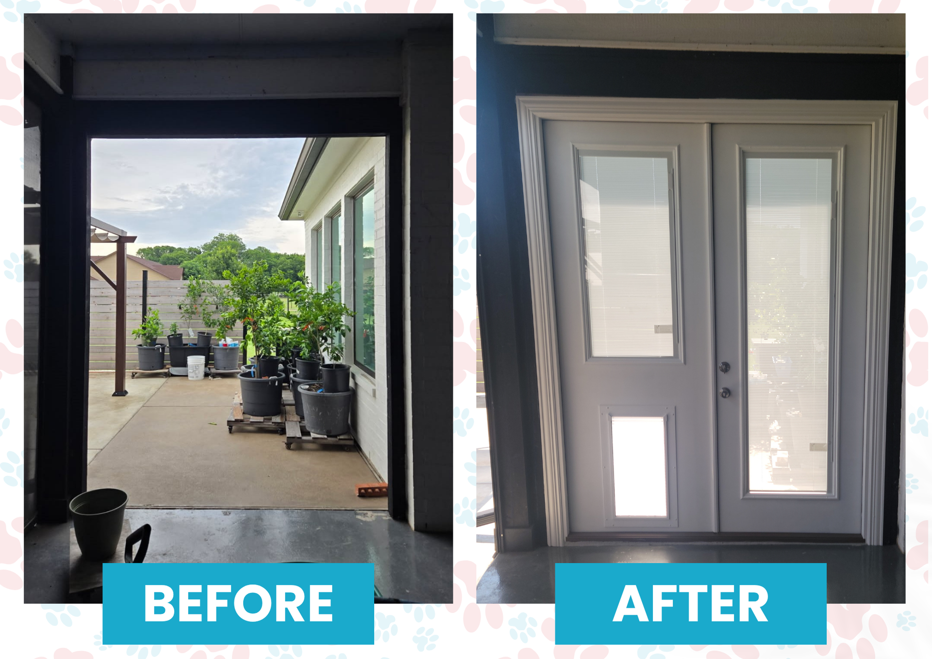 Before and after: doorway to patio. Left: open doorway. Right: closed double doors with pet door.