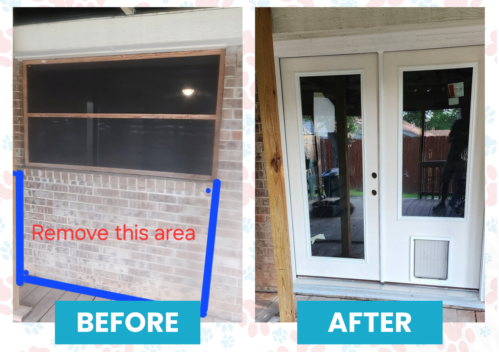 Comparison of a brick window before and white French doors after, with a pet door.