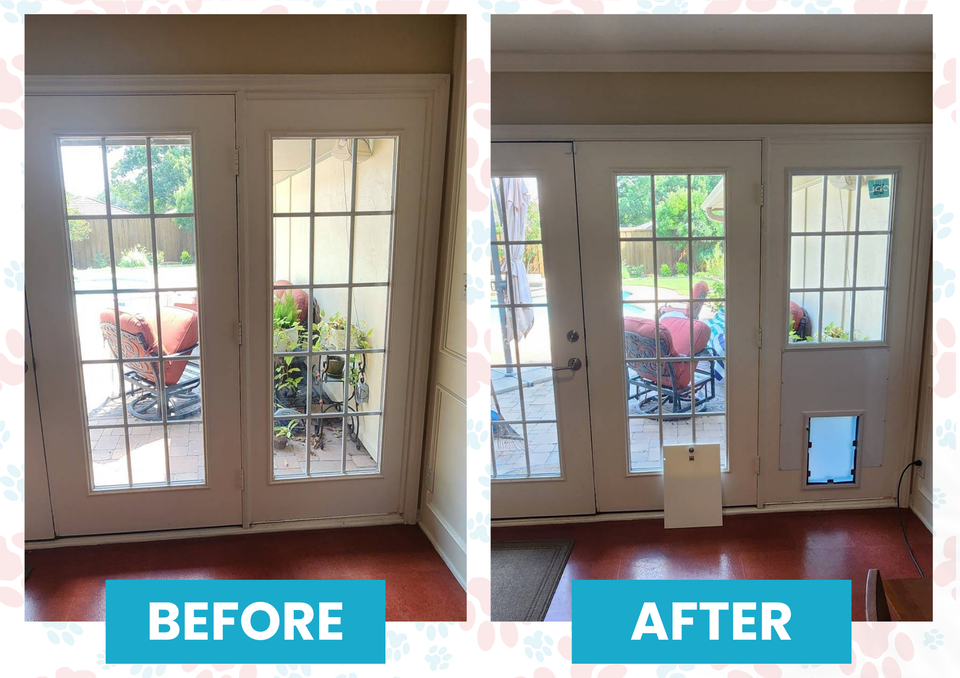 Before and after of a glass door. The after image shows a pet door installed.