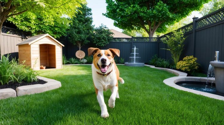 Happy dog running on green lawn in a backyard with a dog house, fountain, and black fence.