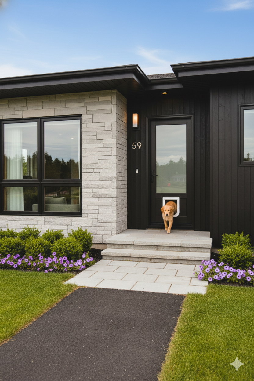 Dog exiting a black door with a pet flap, modern home with stone and dark wood siding.