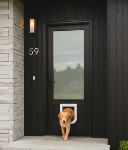 Golden retriever exiting a house through a dog door in a black front door. Number 59 above.