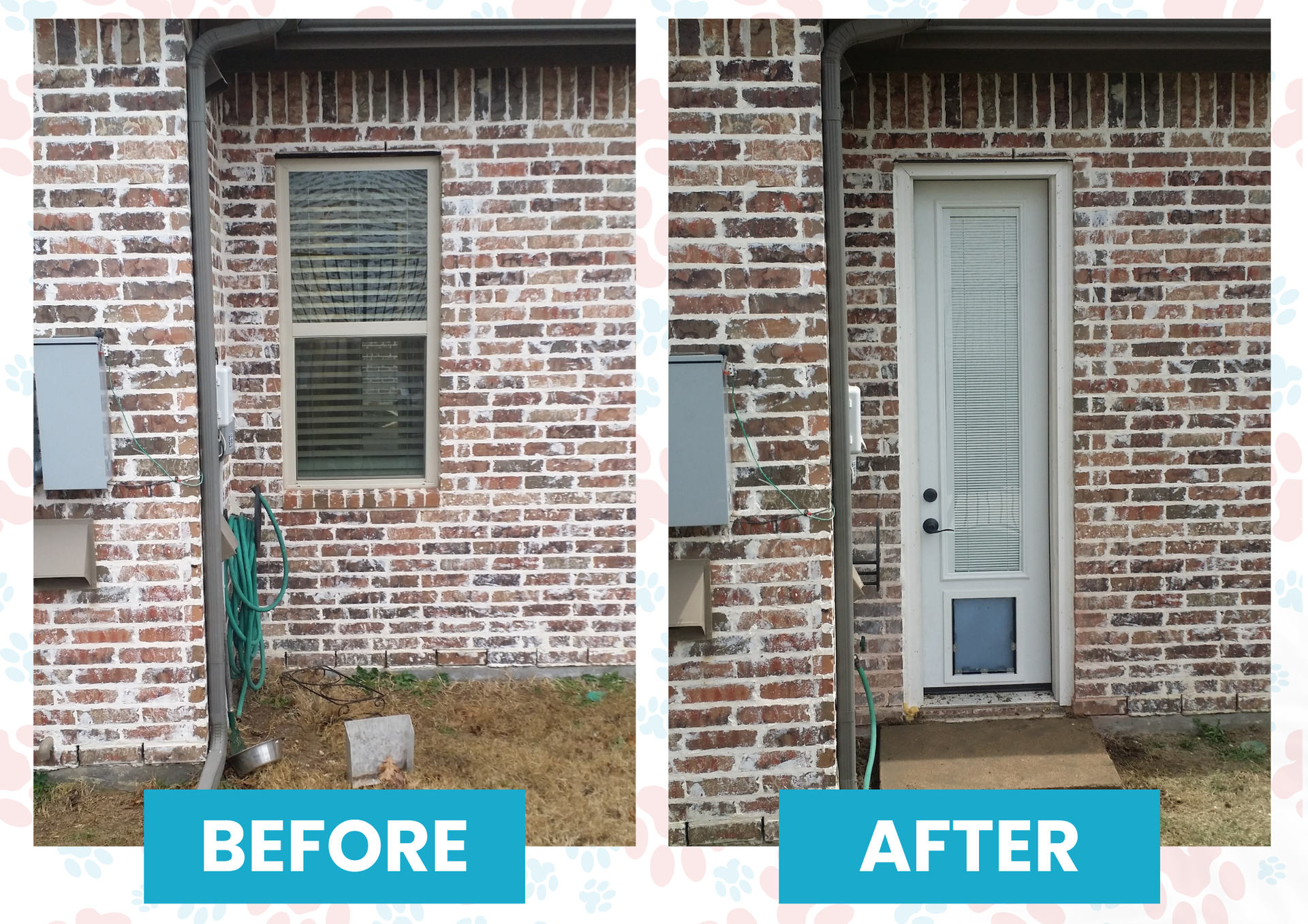 Before-and-after of a brick wall, window replaced by a doggy door.