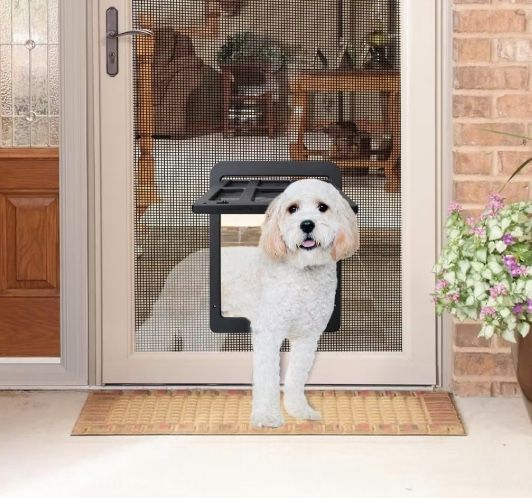 White dog in dog door of screen door. Black dog door frame, tan doormat. Brick wall, potted flowers visible.