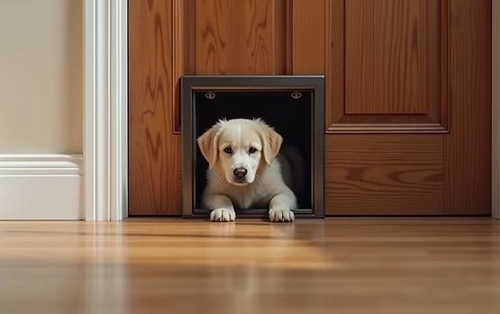 Blonde puppy peeking out of a dog door in a brown door, on a wooden floor.