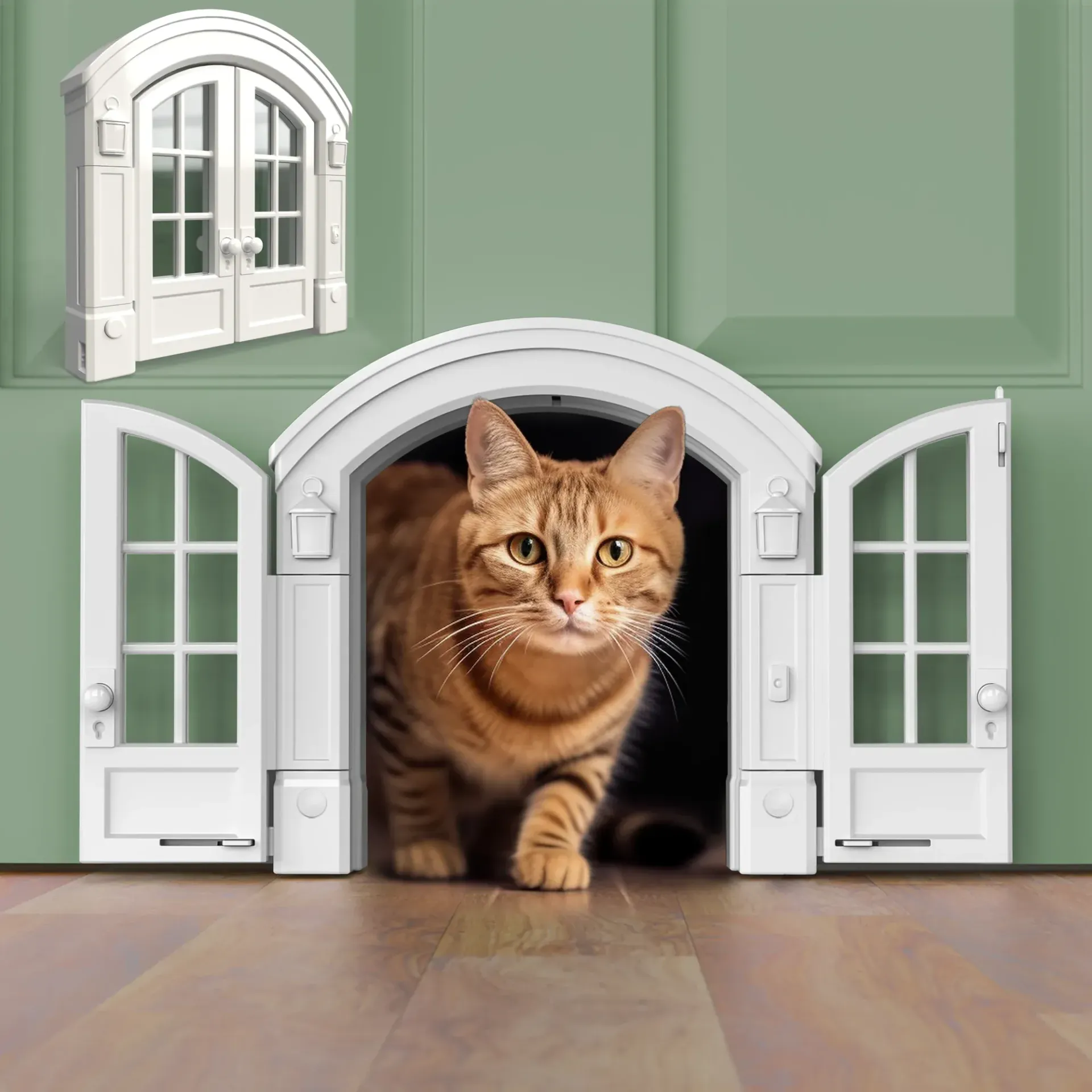 Orange tabby cat exiting through a white, decorative cat door installed in a green door; a model is shown above.