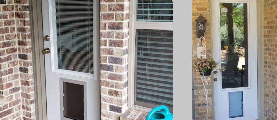Brick exterior with two white doors with dog doors and a window with blinds.