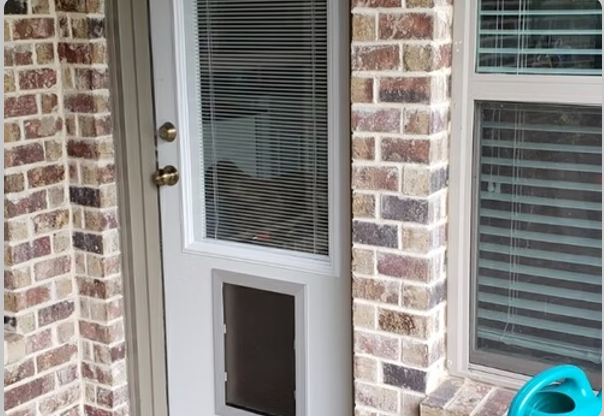 White door with doggy door and window with blinds, framed by brick.