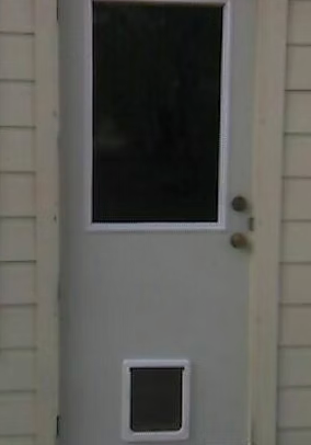 Exterior door with rectangular window and pet door.