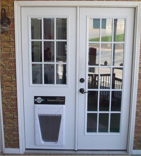 White French doors with a built-in dog door, set in a brick wall.