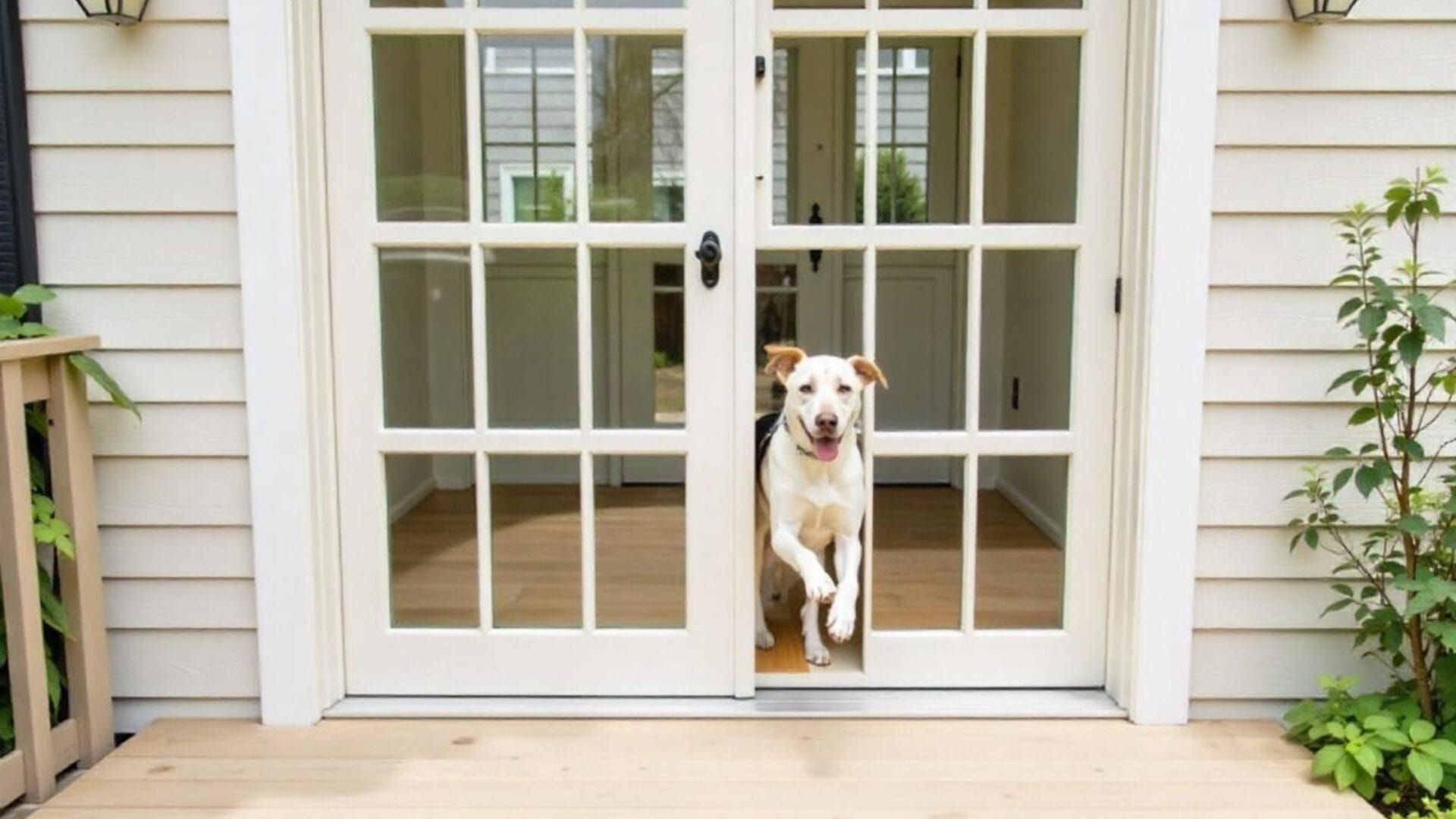 Dog running toward camera through white French doors.