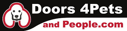 Logo for Doors 4Pets and People LLC, featuring a dog icon on a blue background.
