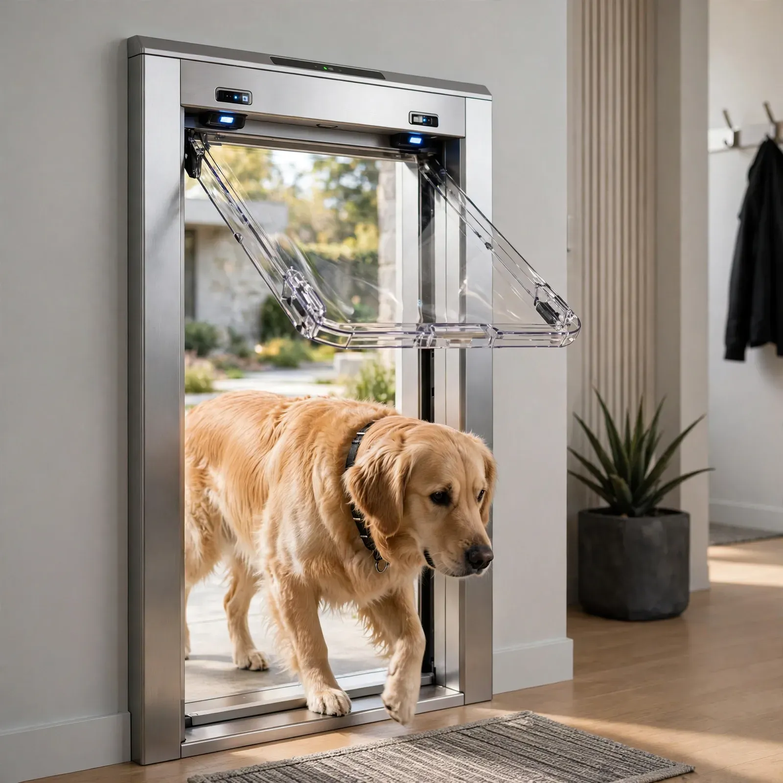 White door with window panes and a dog door, bronze handle and hardware.