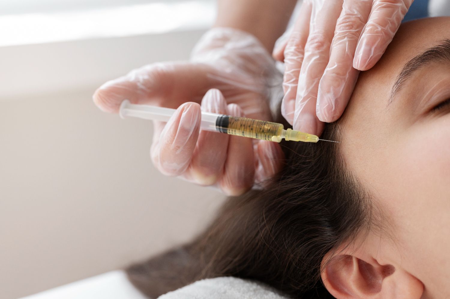 A woman is getting a botox injection in her forehead.