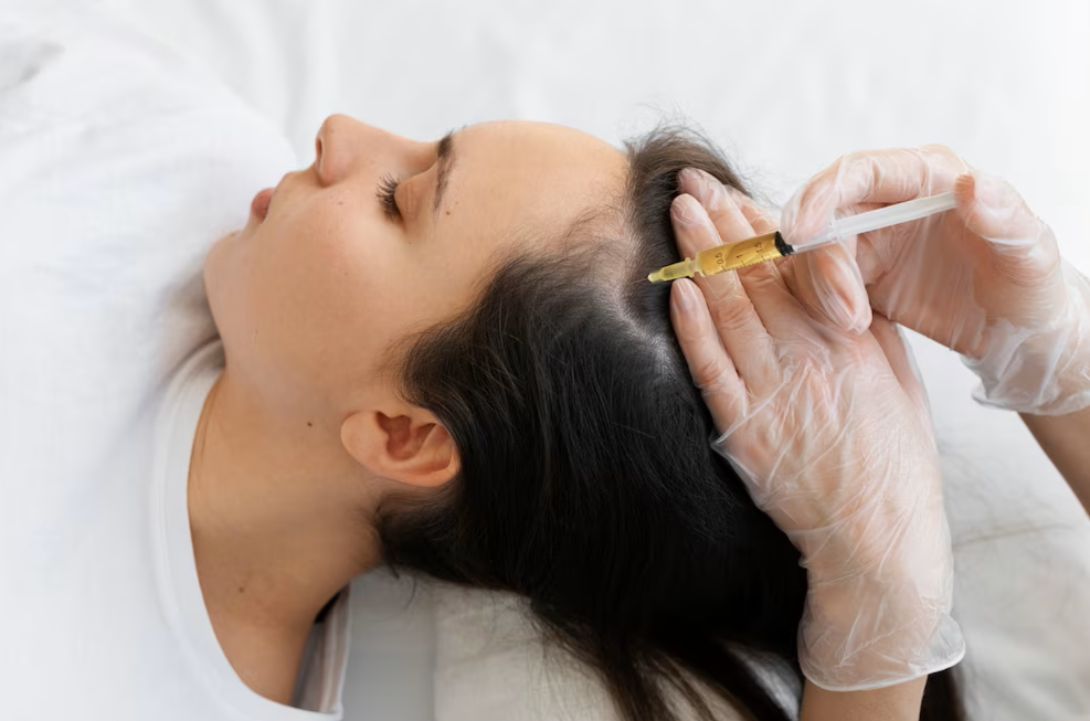 A woman is getting an injection in her hair.