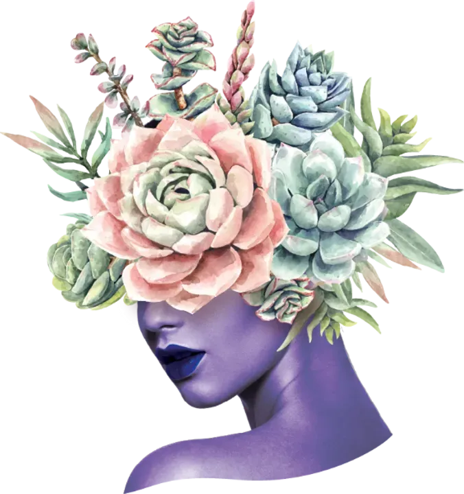 a woman 's head with flowers in it 's hair .