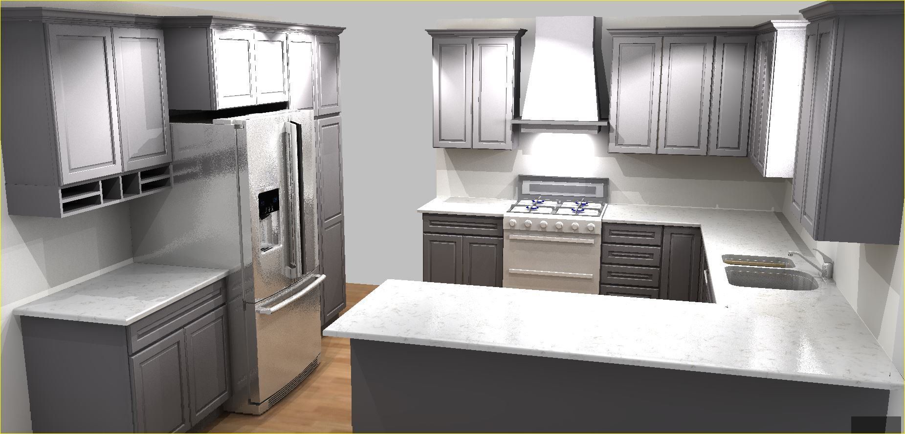 A kitchen with stainless steel appliances and gray cabinets