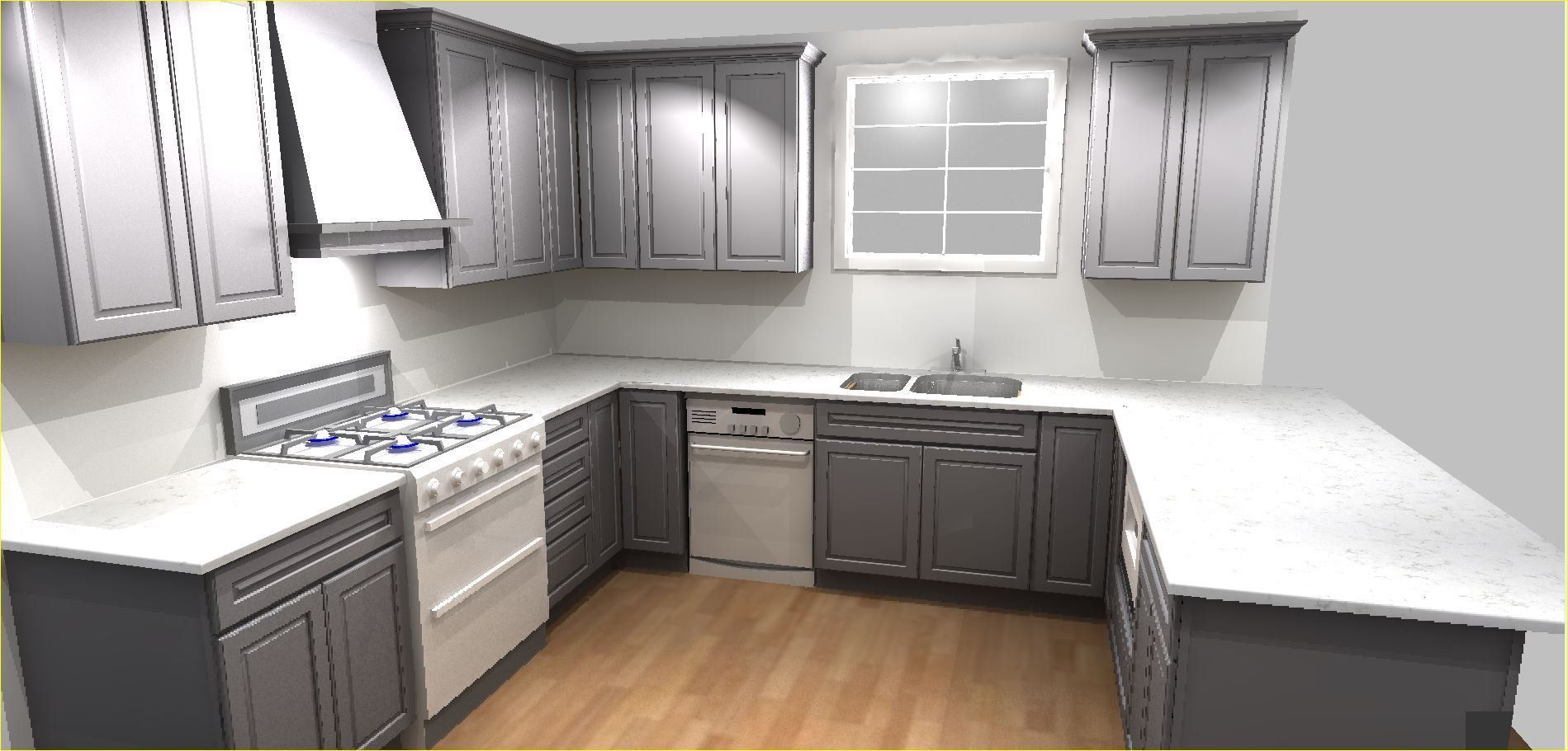 A kitchen with gray cabinets and white counter tops