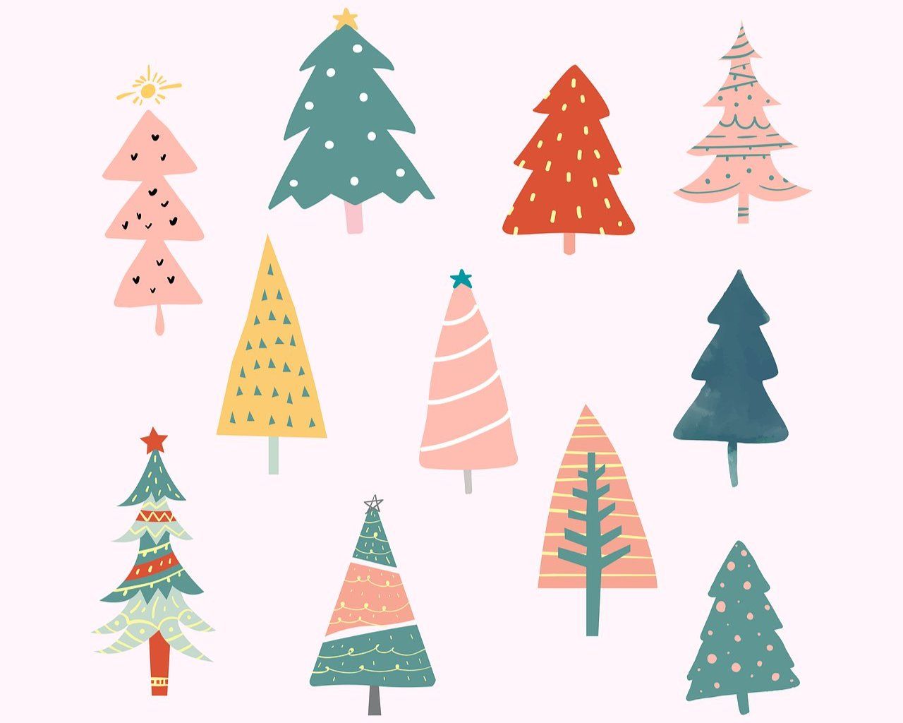 viele gemalte Weihnachtsbäume