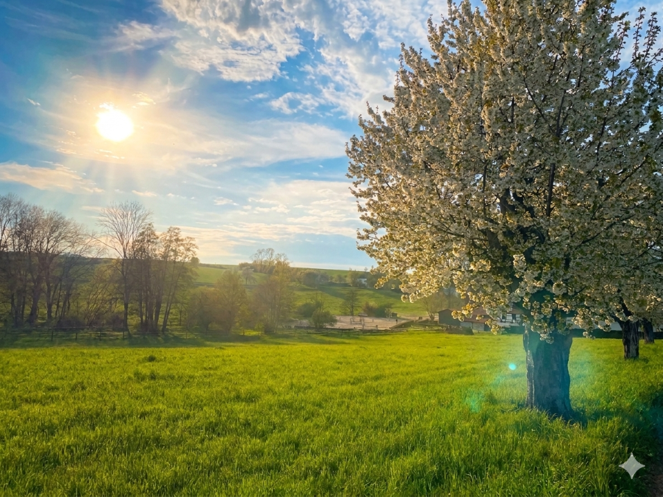 blühender Obstbaum im Frühjahr und strahlende Sonne