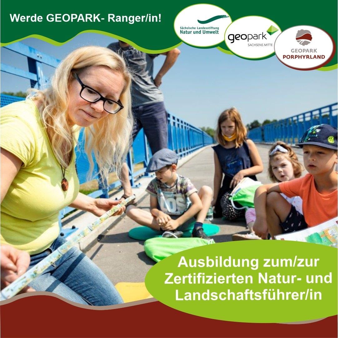 Werbebild mit einer Geo-Rangerin, die eine Gruppe Kinder in der Natur begleitet.