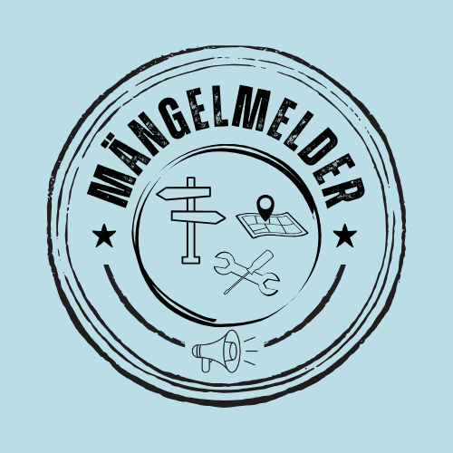 Logo für Mängelmelder mit Schild, Karte, Werkzeug und Megaphone