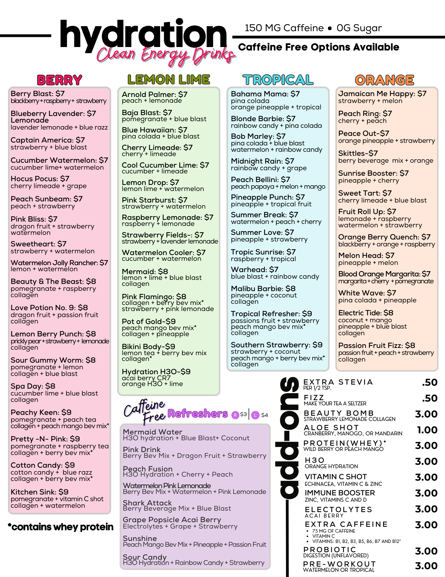 A menu for a restaurant called hydration clean energy drinks.