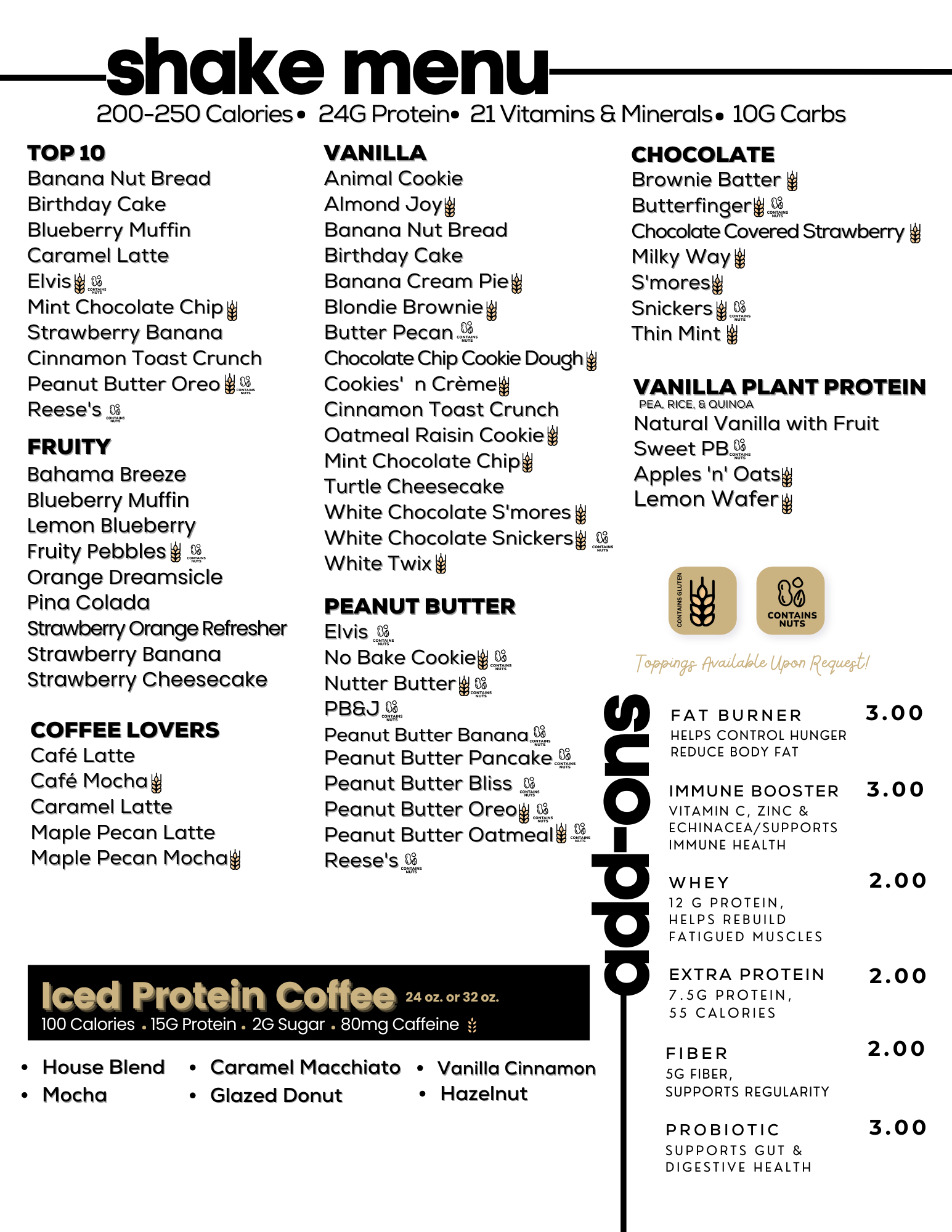 A shake menu with a lot of different flavors and toppings.