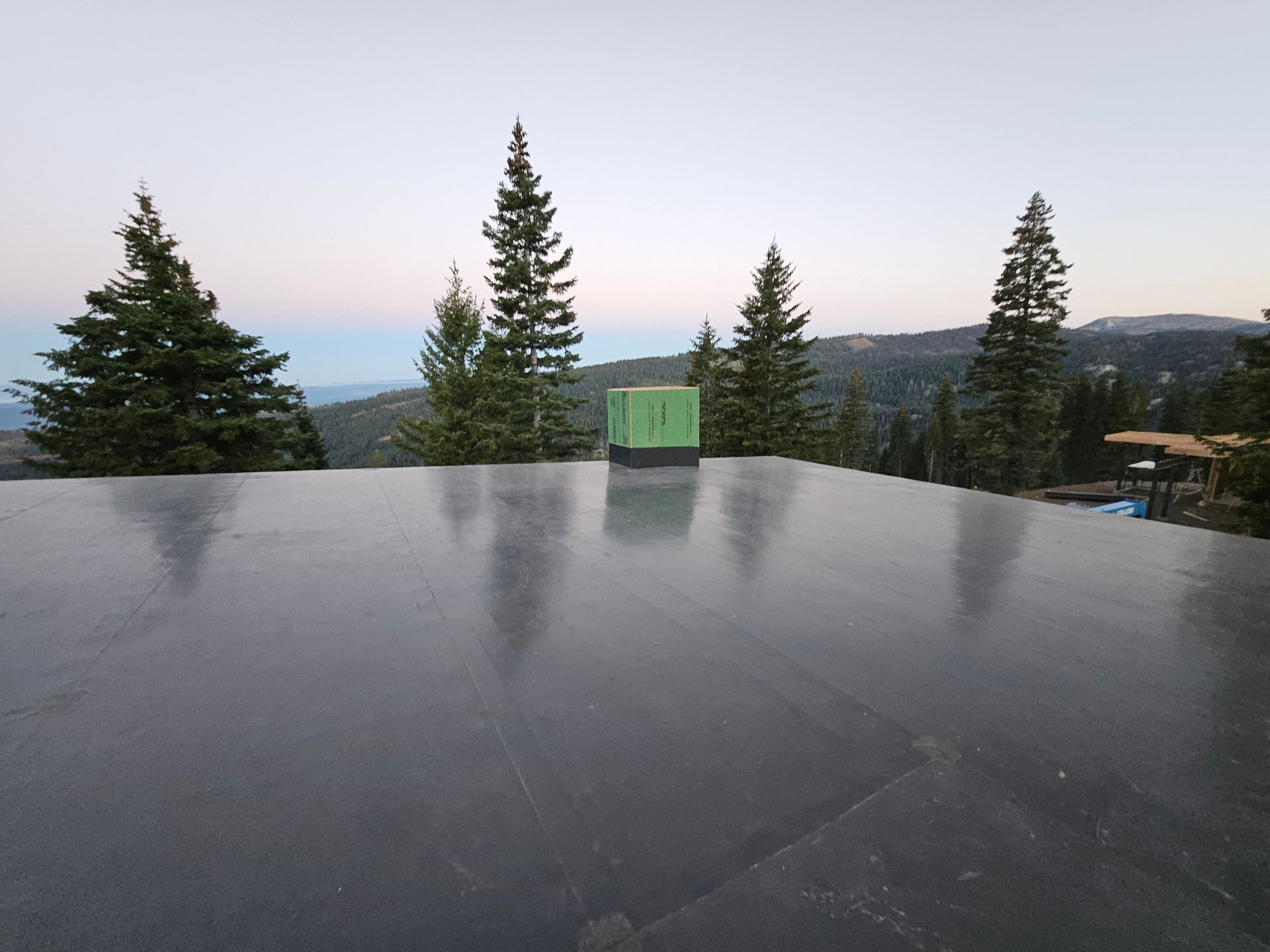 Rooftop view of a commercial building, showing HVAC units, tar roofing, and surrounding trees on a cloudy day.