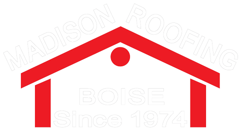 Madison Roofing logo: Red house outline with 