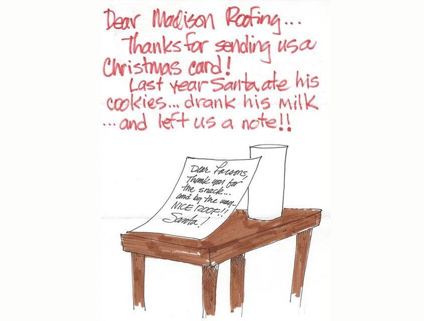 Handwritten thank you note with cookies and milk on a table, addressed to Madison Roofing.