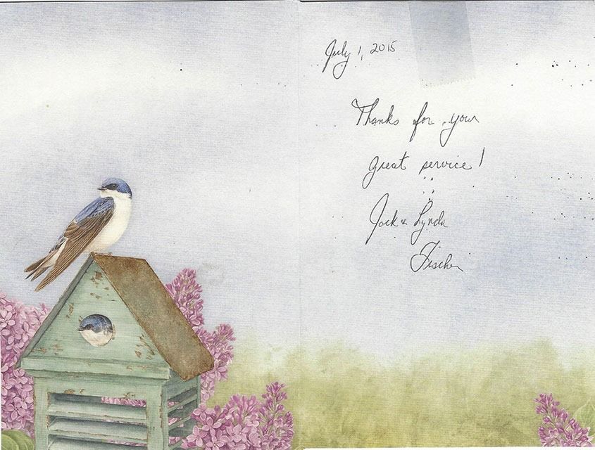 Bird on a birdhouse with purple flowers; handwritten text on a light background.