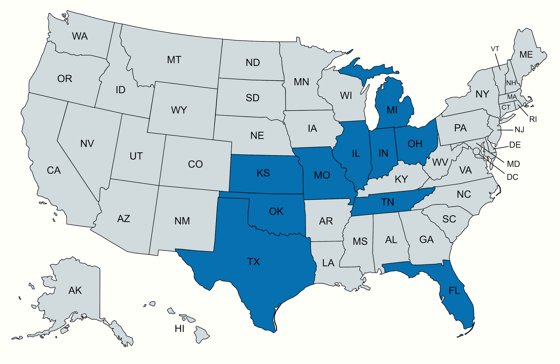 A map of the united states with blue states highlighted