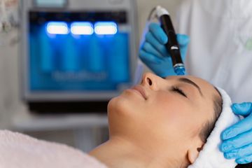 Woman receiving a facial treatment with a blue-light machine. Doctor holds applicator; both have blue gloves.