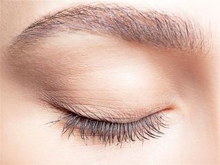 Closed eye with long lashes and defined eyebrow.