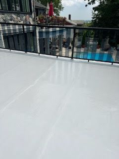 A white roof with a black railing and a pool in the background.