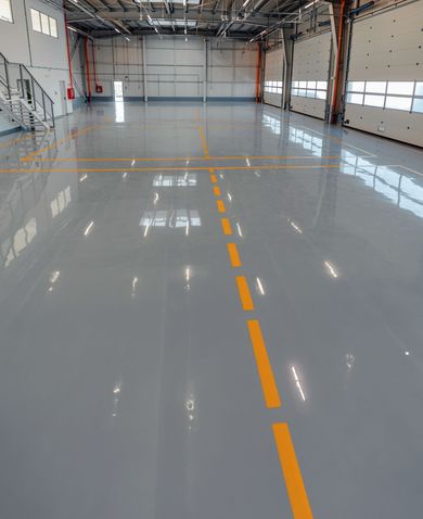 A large empty warehouse with a yellow line on the floor