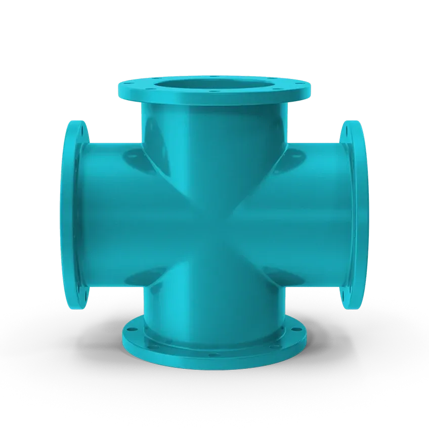 A blue pipe with four flange ends on a white background.