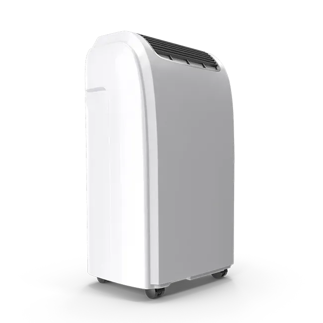 A white portable air conditioner with wheels on a white background.