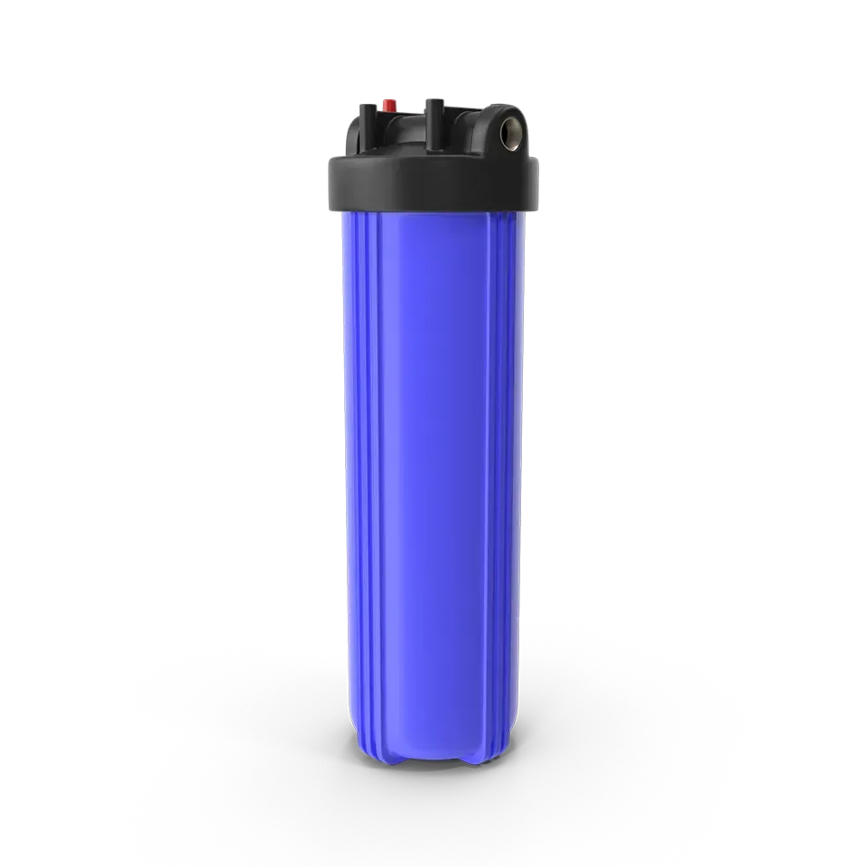 A blue water filter housing with a black lid on a white background.