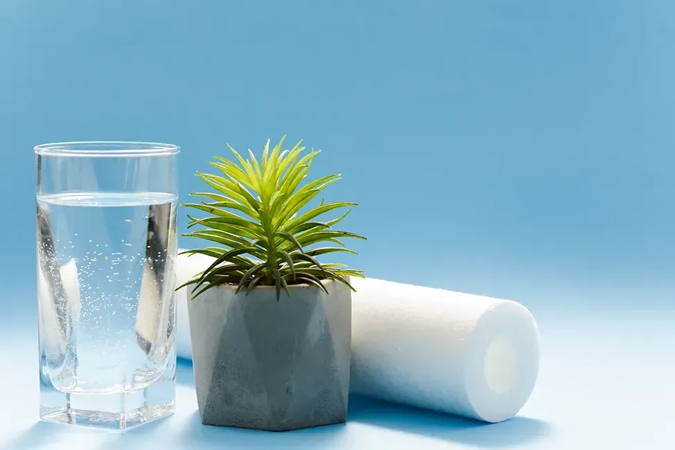 There is a plant in a pot next to a glass of water and a filter.