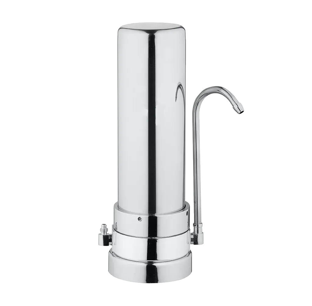 A stainless steel water filter with a faucet attached to it