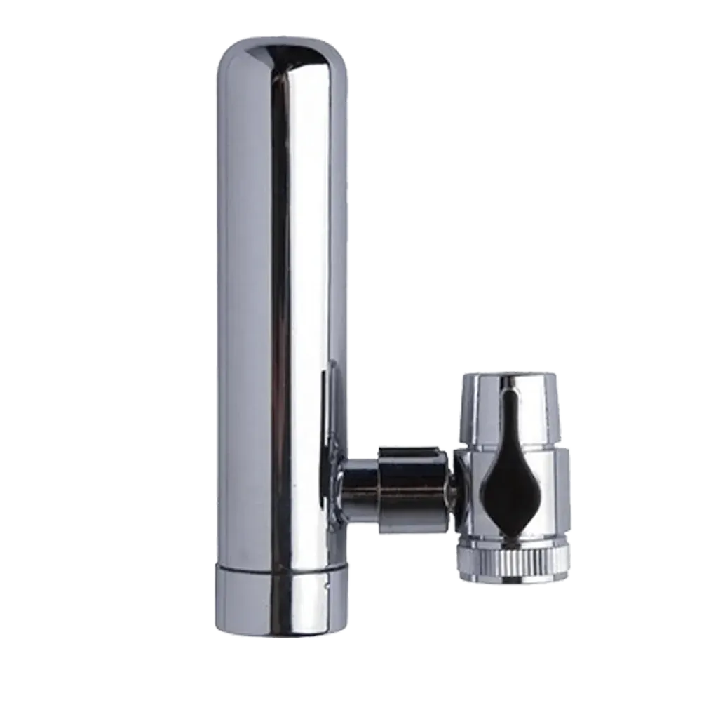 A chrome pipe with a faucet attached to it