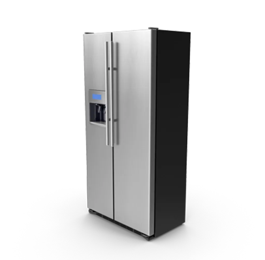 A stainless steel refrigerator with two doors on a white background.